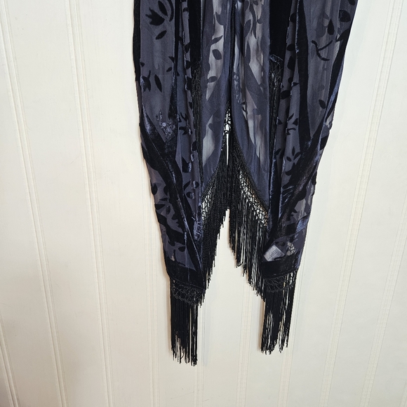 Pins & Needles Blue Velvet Burnout Sheer Fringe Kimono Open Front Womens M/L - Picture 4 of 13